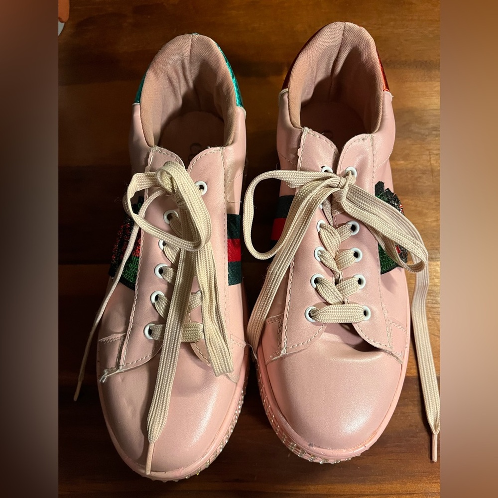 Coco Pink Sneakers with Striped & Rhinestone Accent